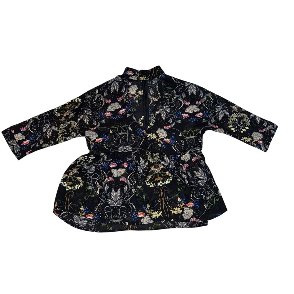 Lucca Floral Boho Top size Small Black Print V Neck Zipper Closure